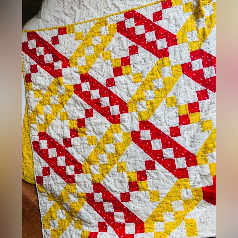 Vintage Handmade Patchwork Quilt 80x46 Red Yellow Floral